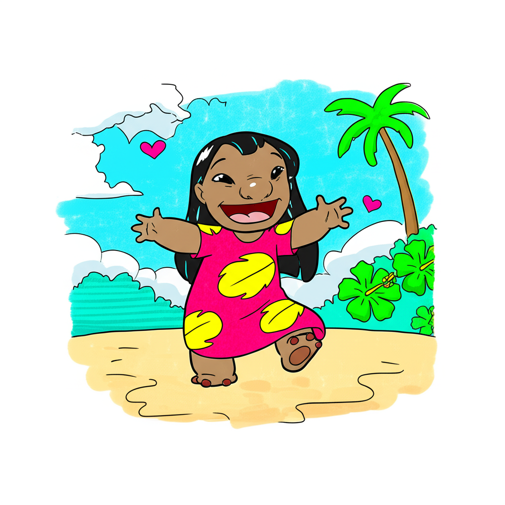 Joyful Lilo on a Hawaiian Beach Coloring Page - Colored Preview