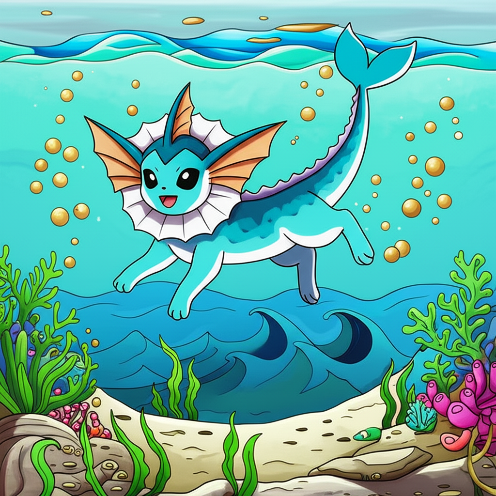 Joyful Vaporeon Swimming Coloring Page - Colored Preview