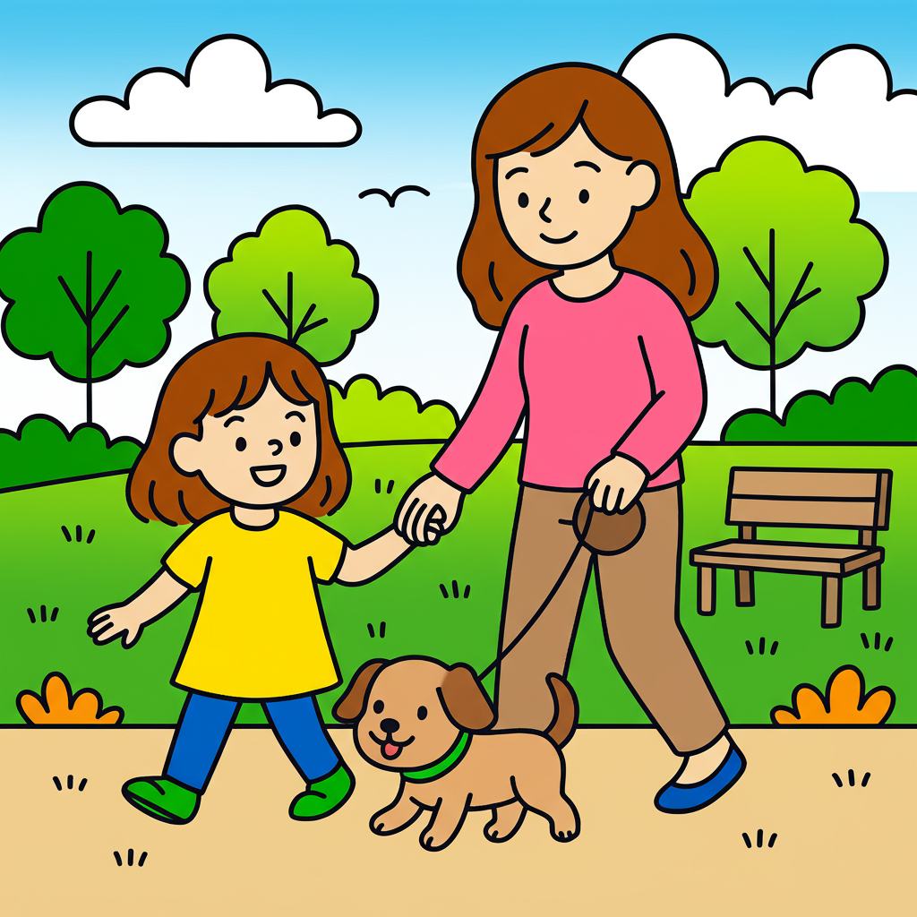 Joyful Family Park Walk Coloring Page - Colored Preview