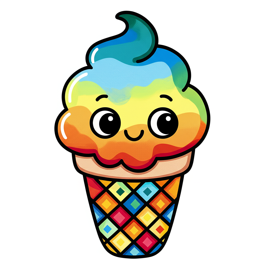 Kawaii Ice Cream Cone Coloring Page - Colored Preview