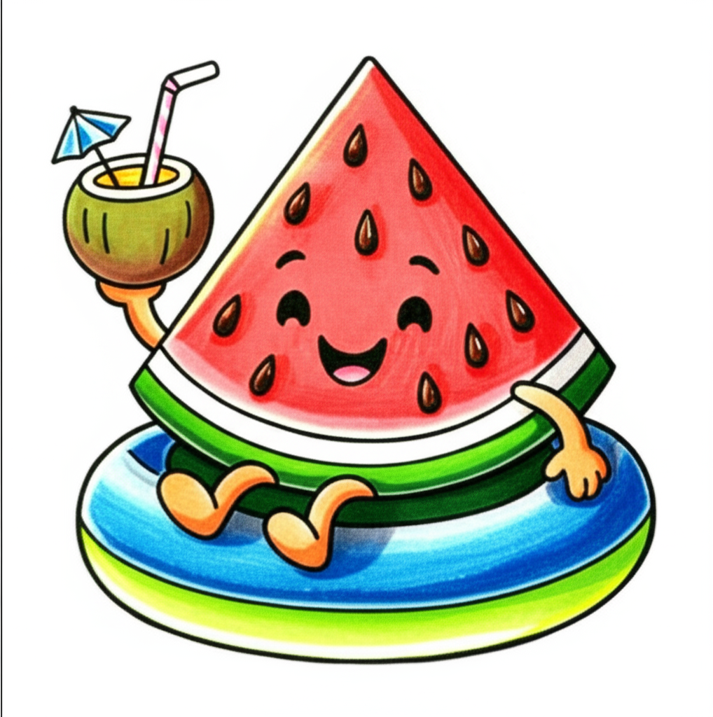 Kawaii Watermelon Summer Chill Coloring Page - Colored Preview