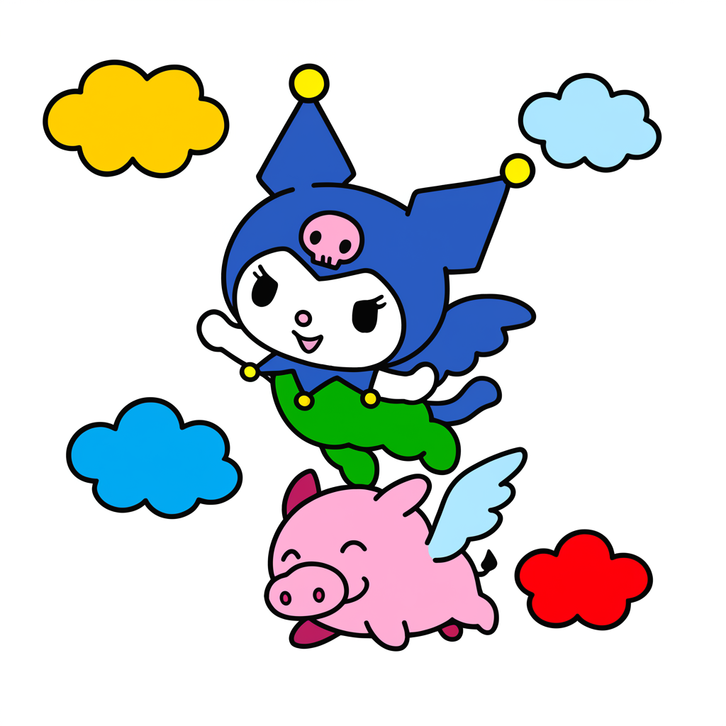 Kuromi and Baku Flying Adventure Coloring Page - Colored Preview