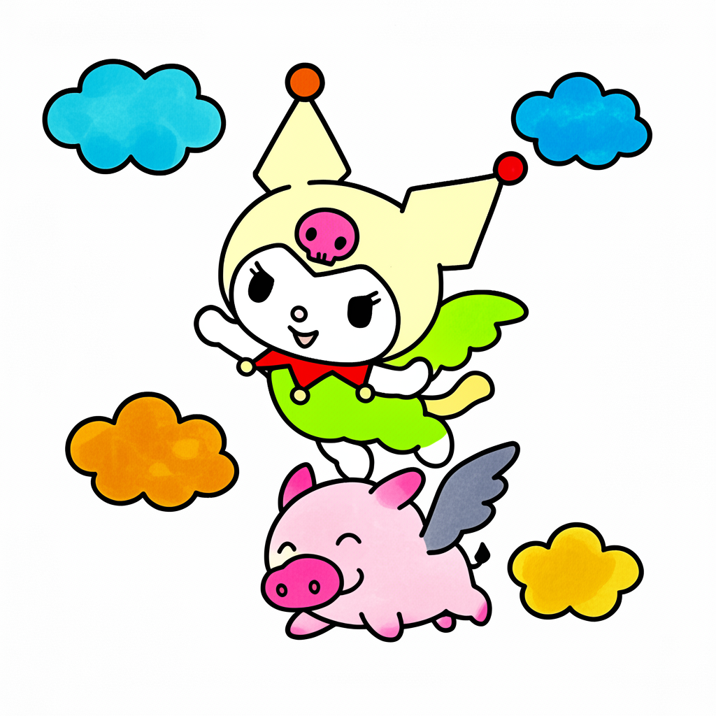 Kuromi and Baku Sky Adventure Coloring Page - Colored Preview