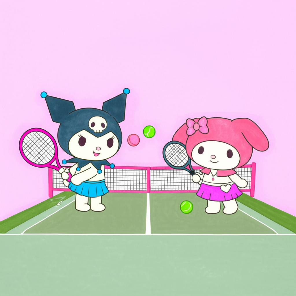 Kuromi and My Melody Tennis Fun Coloring Page - Colored Preview