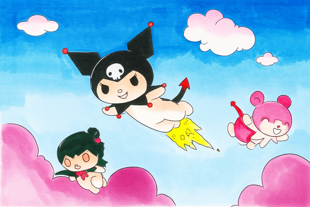 Kuromi and Friends Sky Adventure Coloring Page - Colored Preview