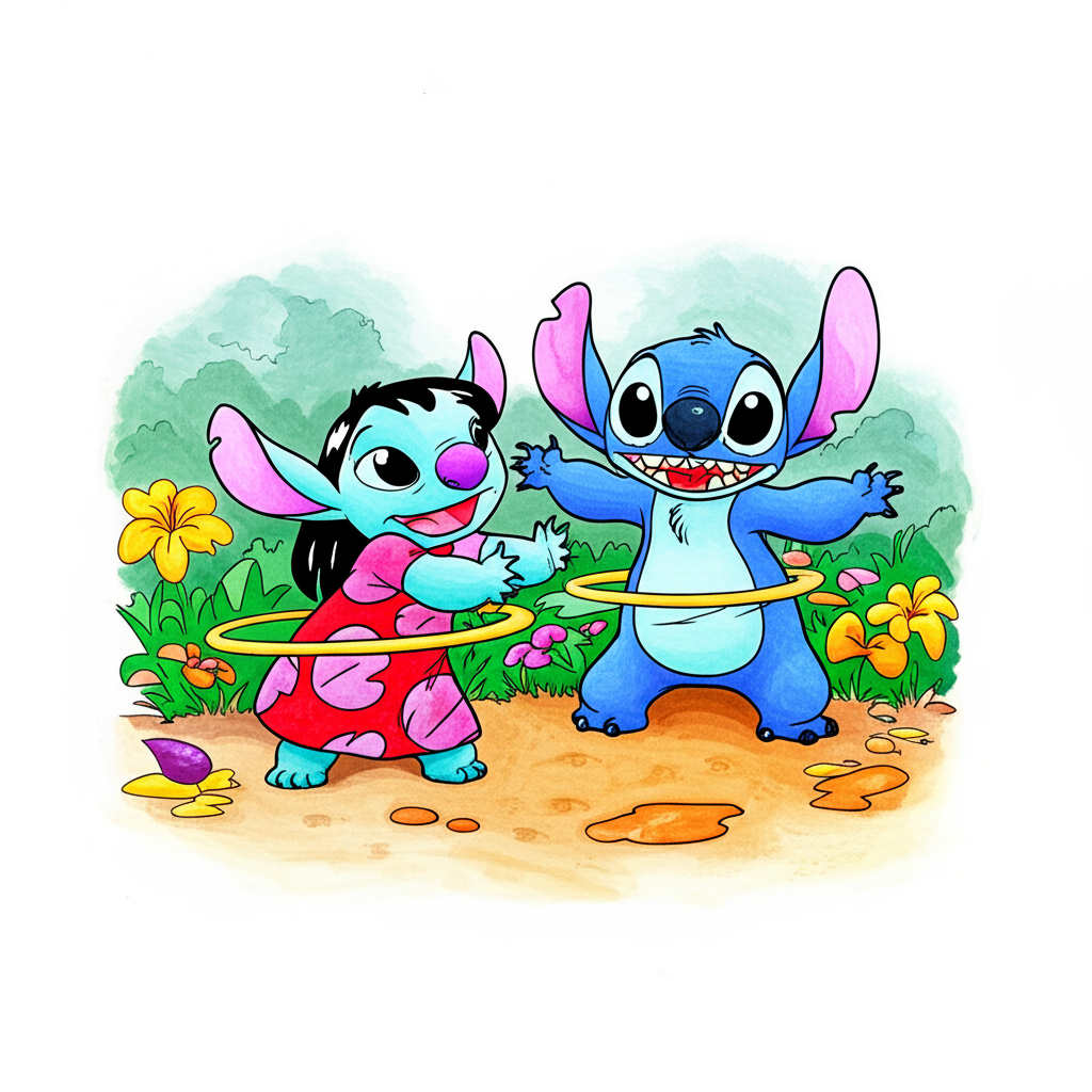 Lilo and Stitch Hula Hoop Fun Coloring Page - Colored Preview