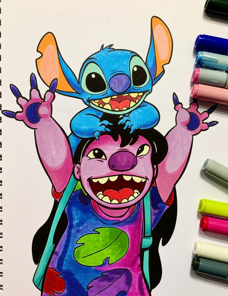Lilo and Stitch Playful Antics Coloring Page - Colored Preview