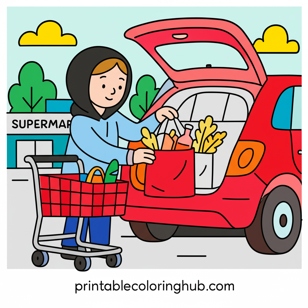 Loading Up the Groceries Coloring Page - Colored Preview