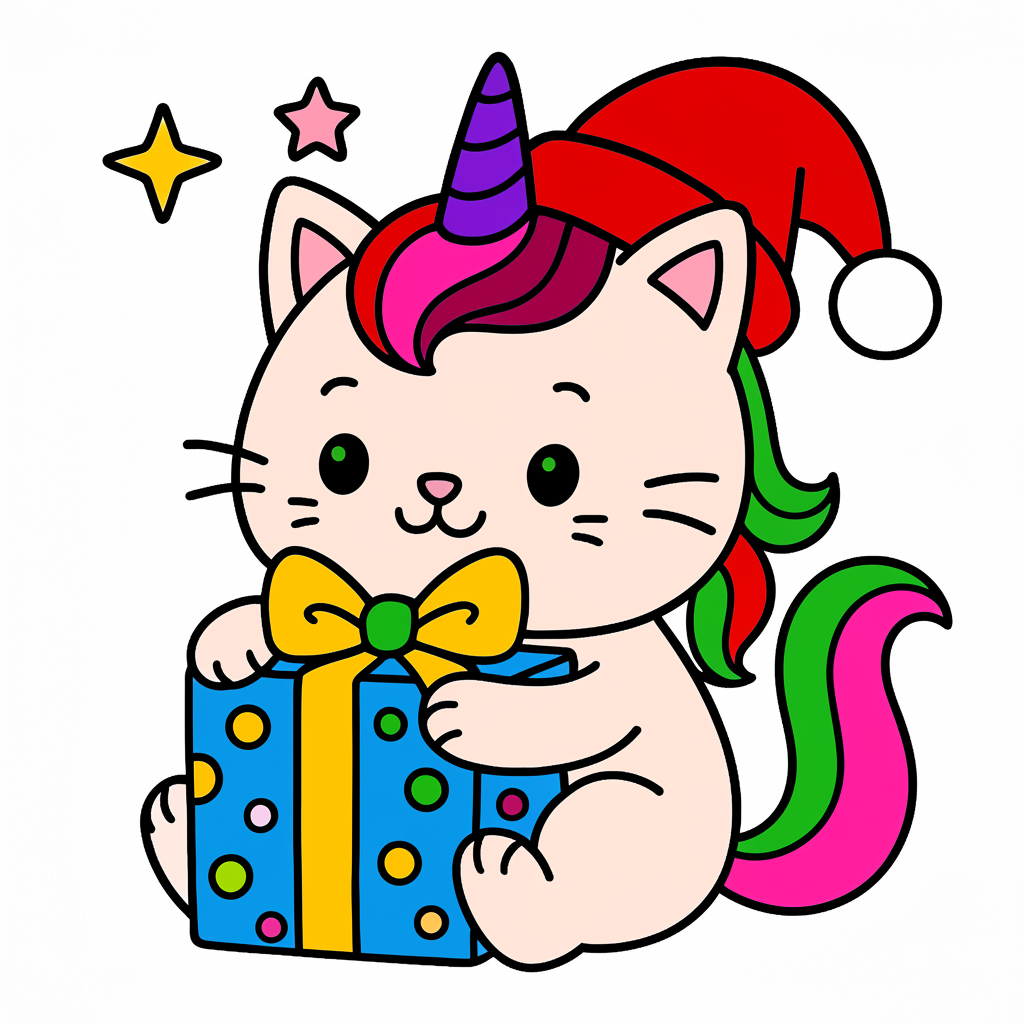 Magical Christmas Caticorn Coloring Page - Colored Preview