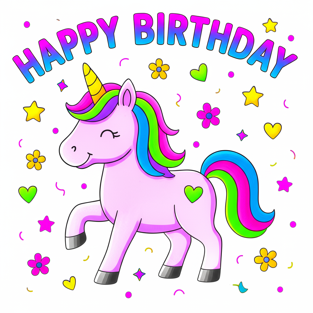 Magical Unicorn Happy Birthday Coloring Page - Colored Preview