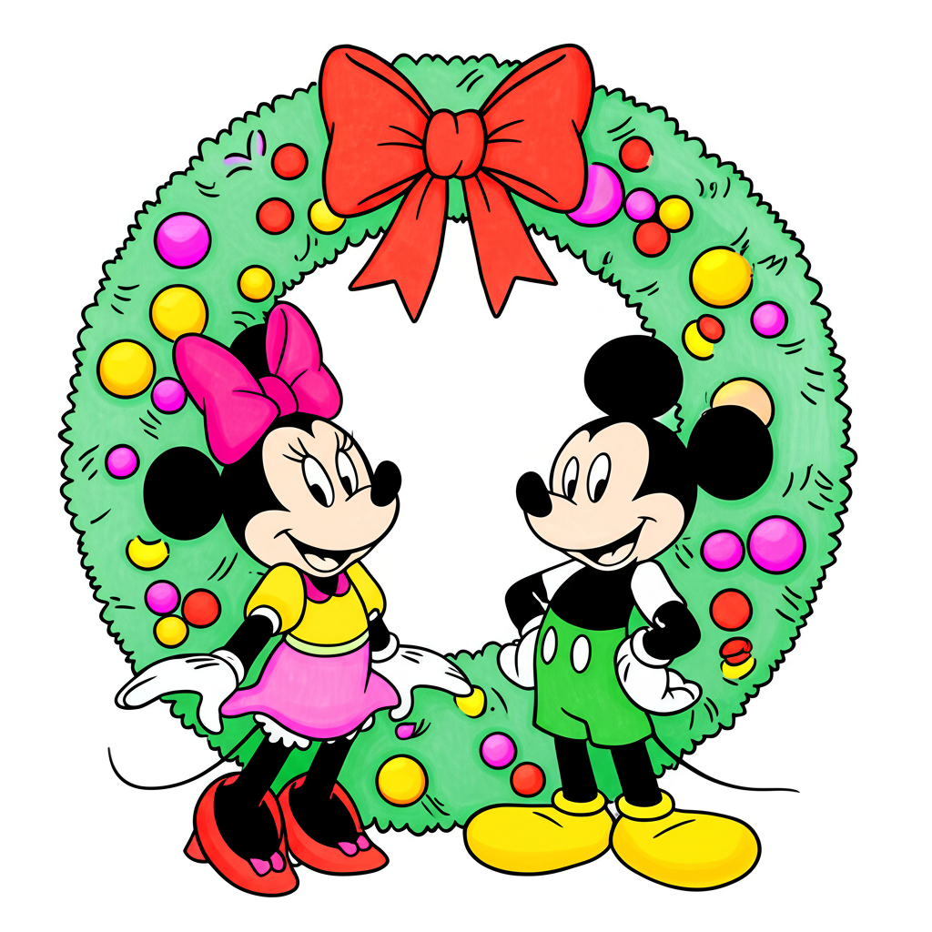 Mickey and Minnie Christmas Wreath Coloring Page - Colored Preview