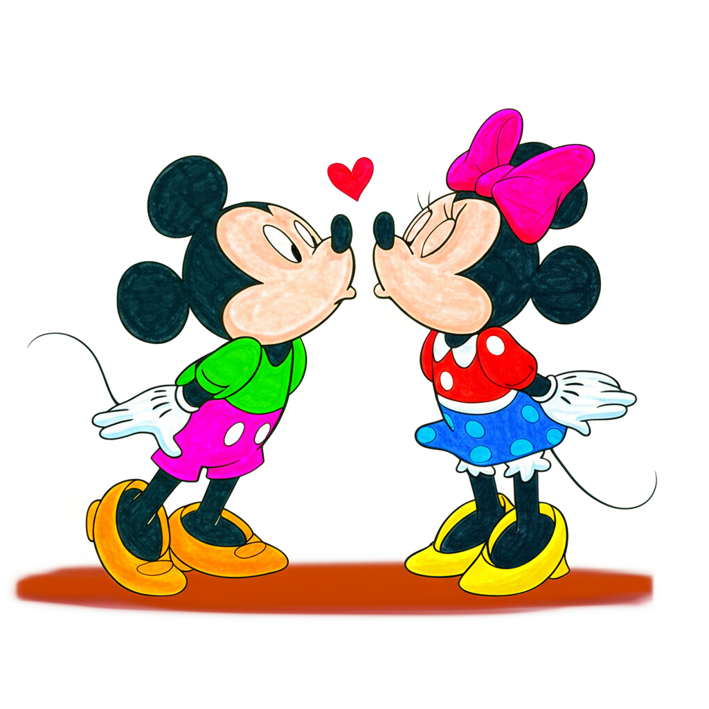 Mickey and Minnie Sweet Kiss Coloring Page - Colored Preview