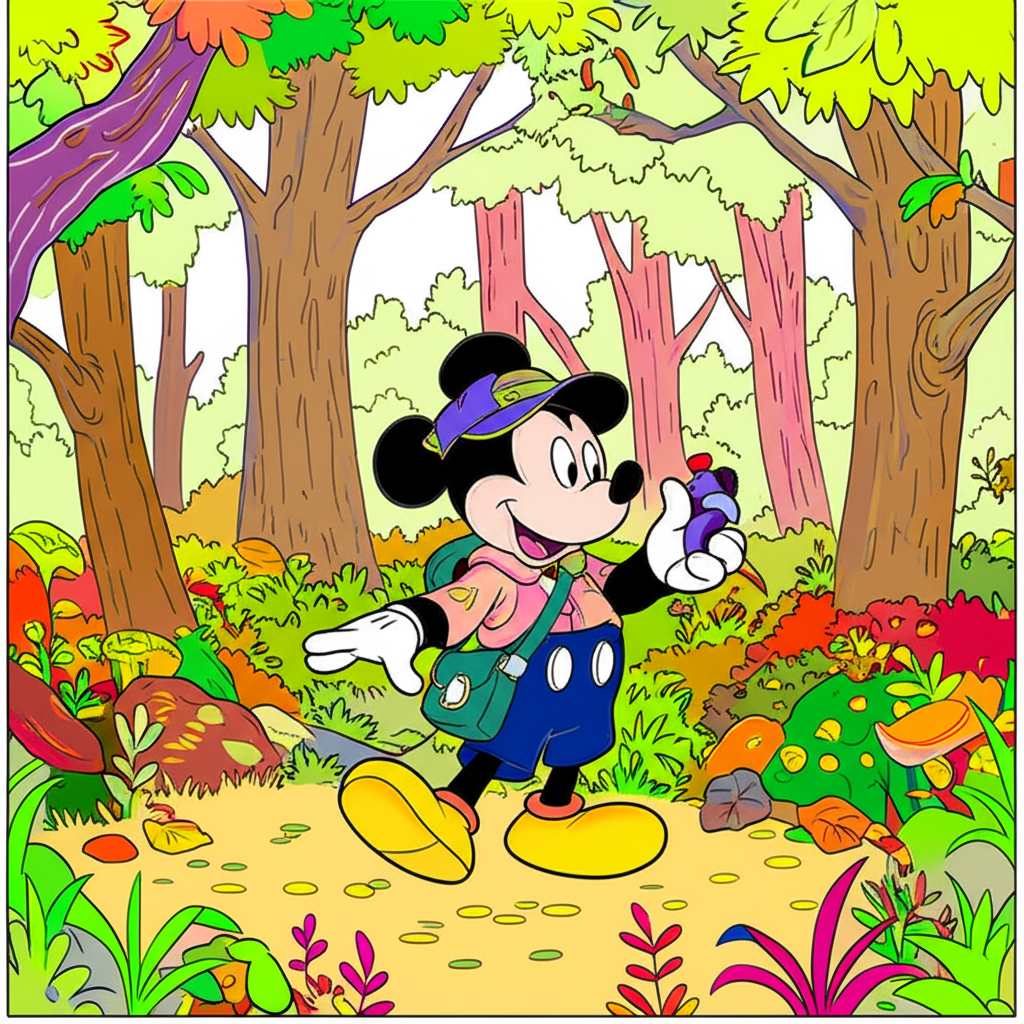 Mickey Mouse Forest Adventure Coloring Page - Colored Preview