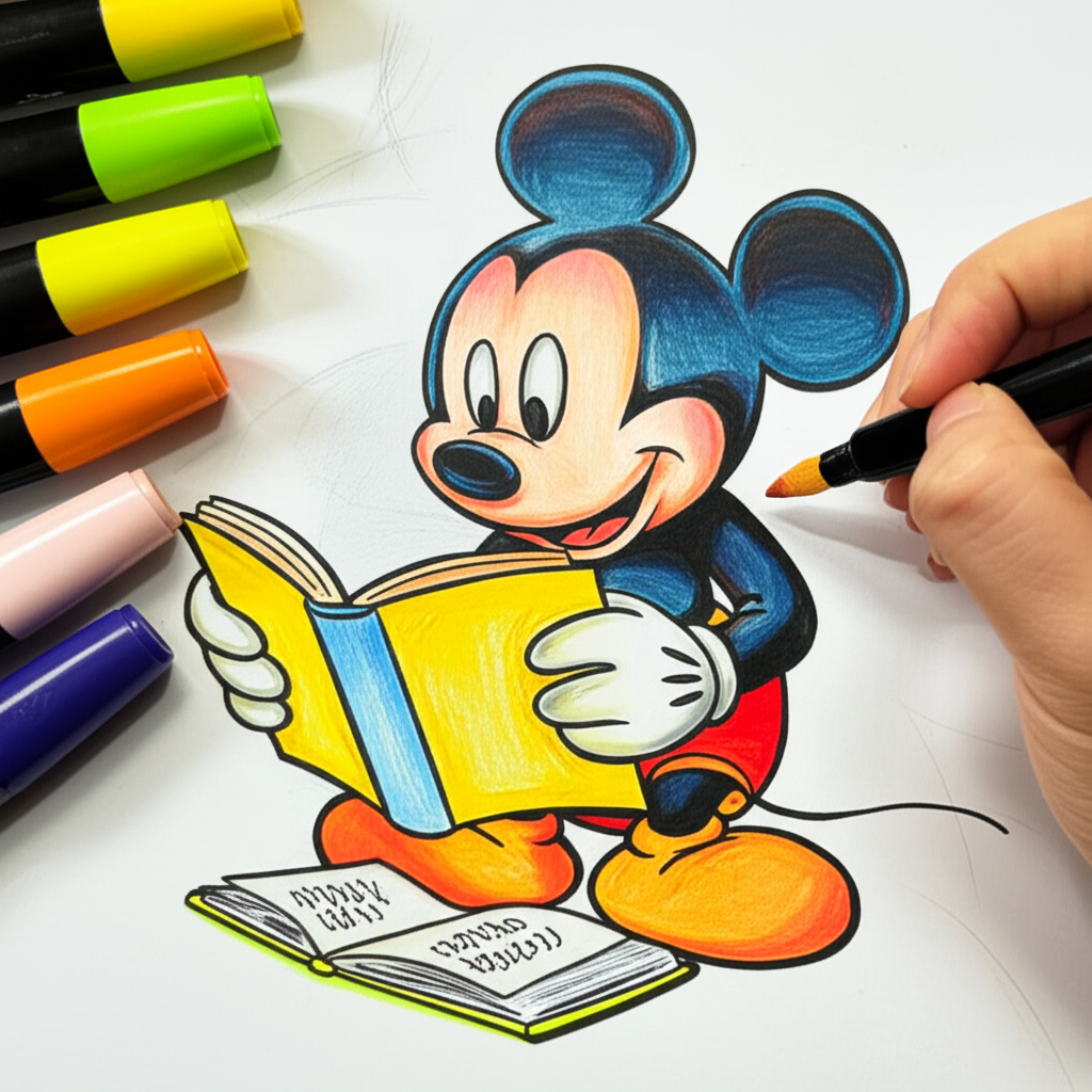 Mickey Mouse Reading Time Coloring Page - Colored Preview
