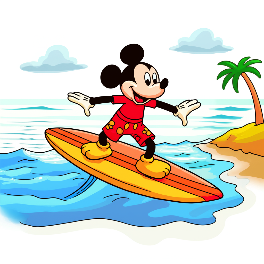 Mickey Mouse Surfing Fun Coloring Page - Colored Preview