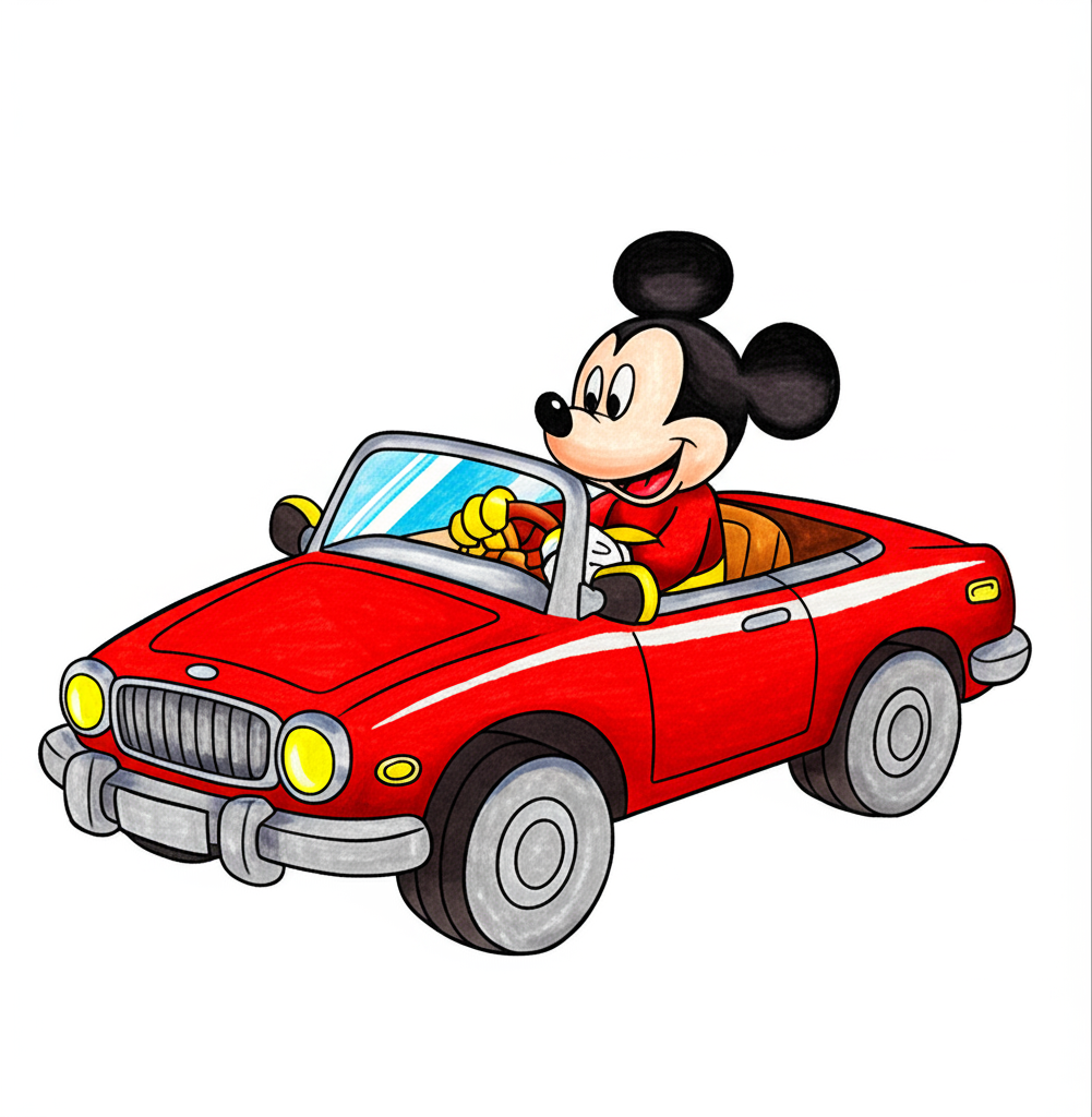 Mickey Mouse's Joyful Car Ride Coloring Page - Colored Preview