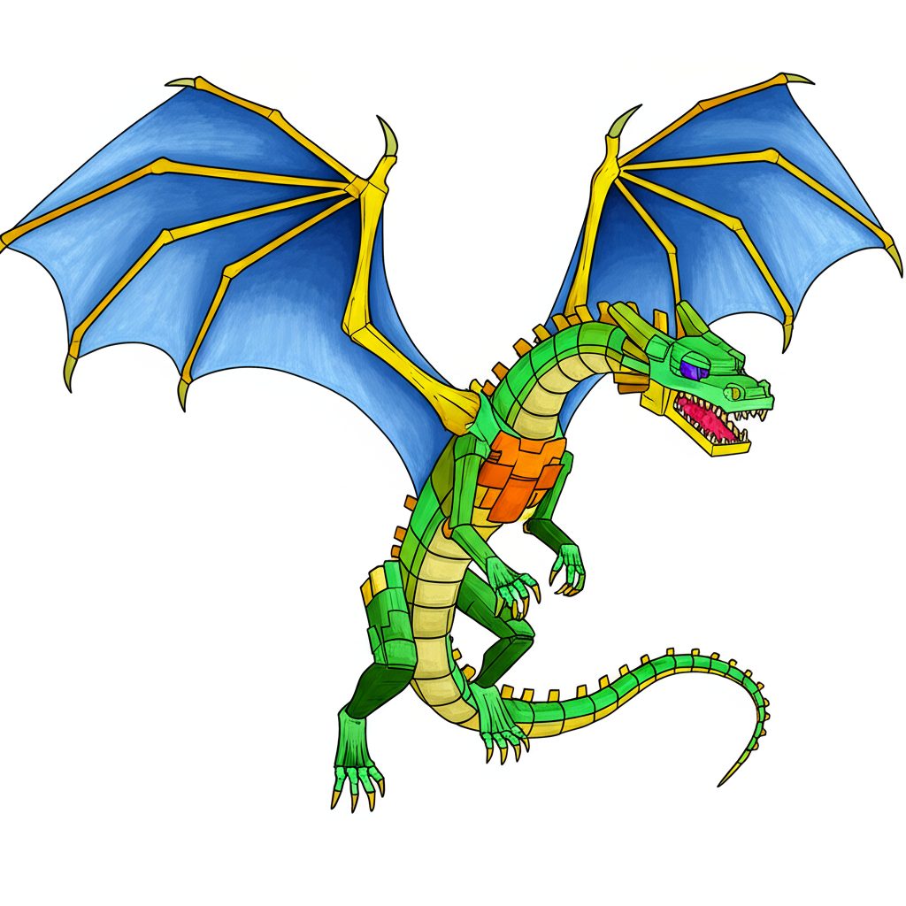 Mighty Blocky Pixel Dragon Coloring Page - Colored Preview