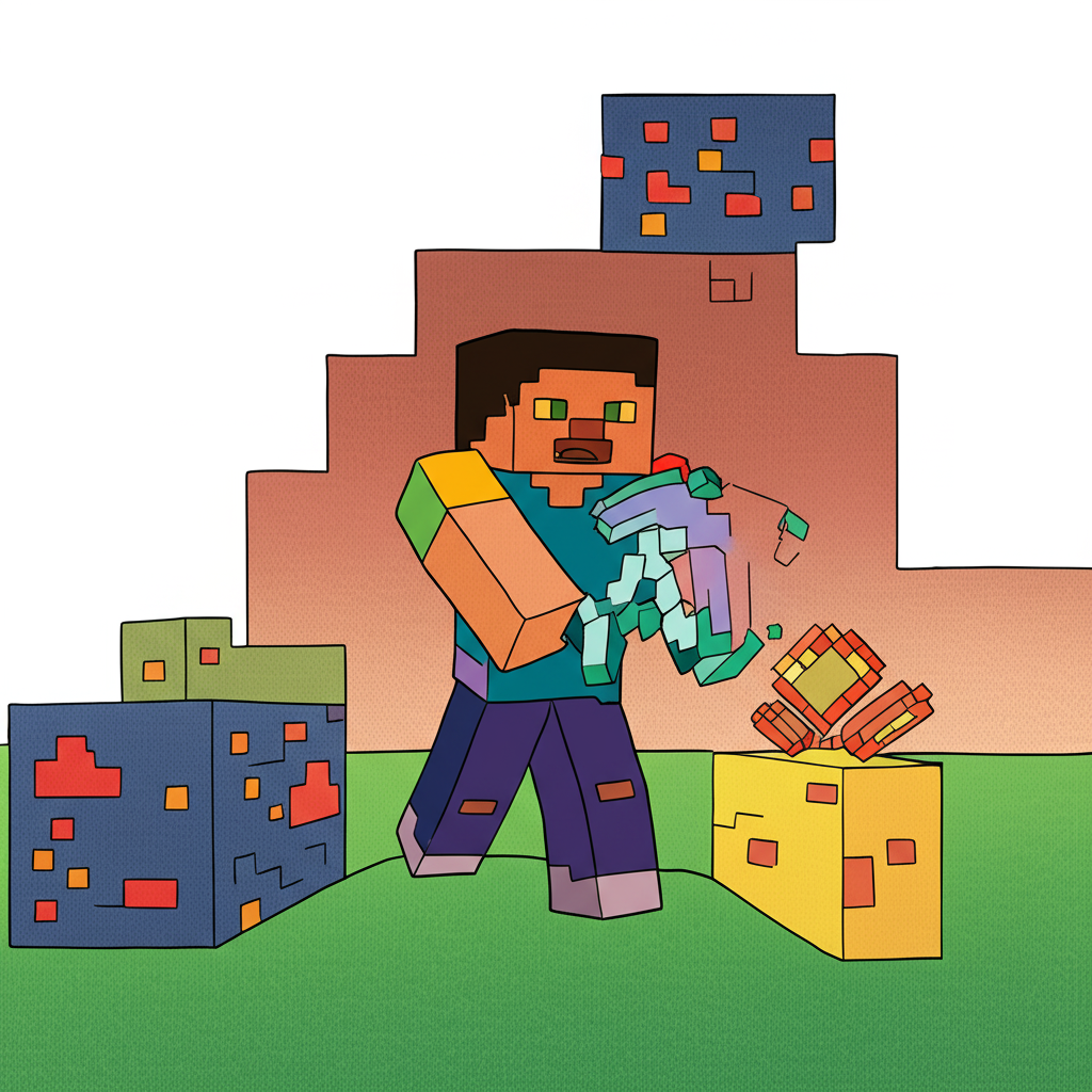 Minecraft Steve and Block Butterfly Coloring Page - Colored Preview