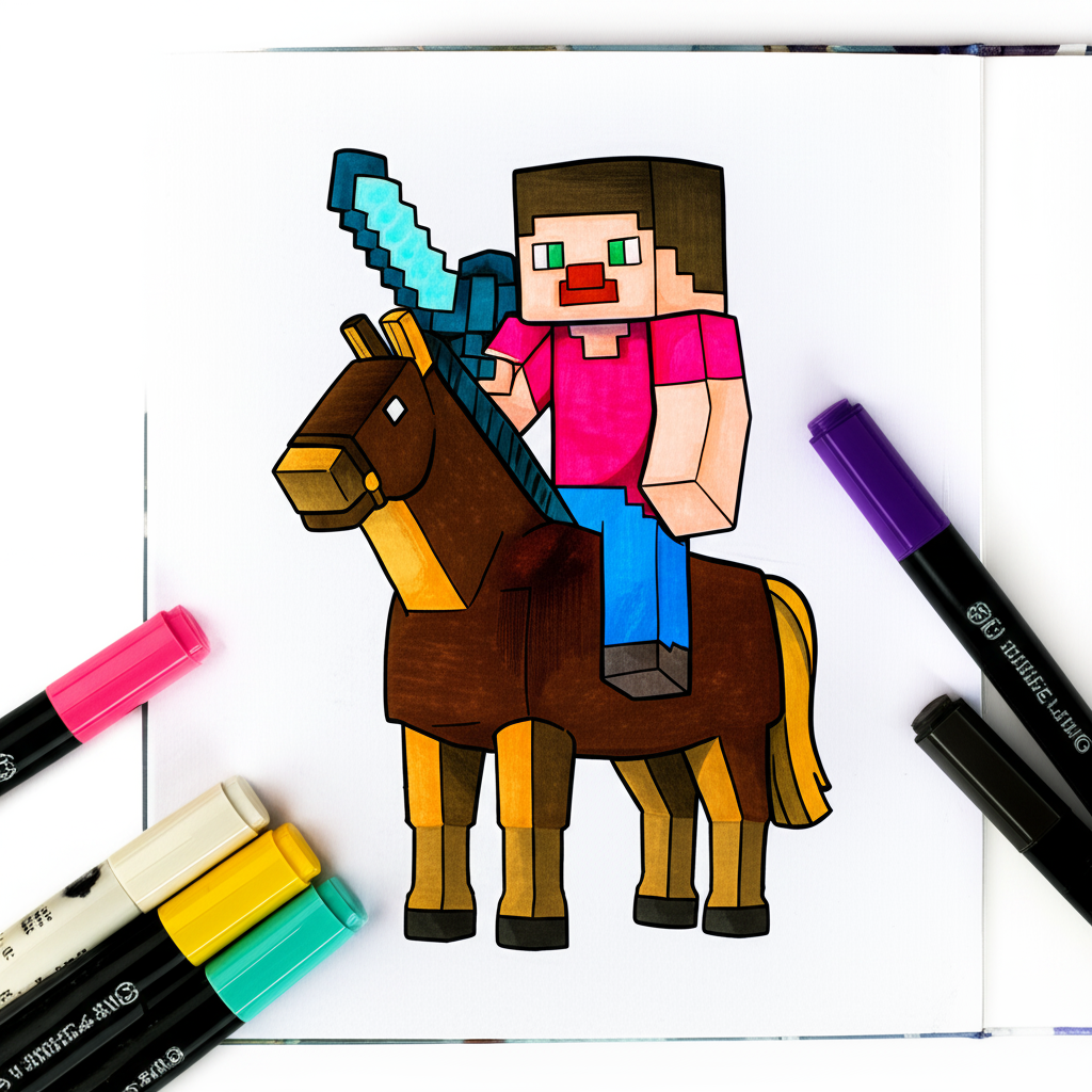 Minecraft Steve and Horse Adventure Coloring Page - Colored Preview