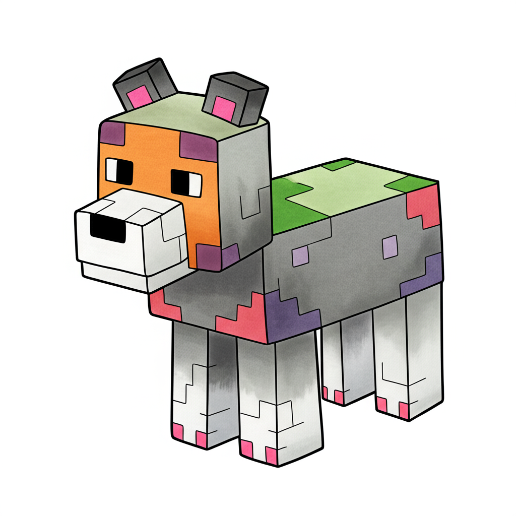 Blocky Minecraft Wolf Coloring Page - Colored Preview
