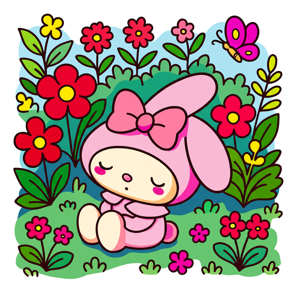 My Melody in a Flower Garden Coloring Page - Colored Preview