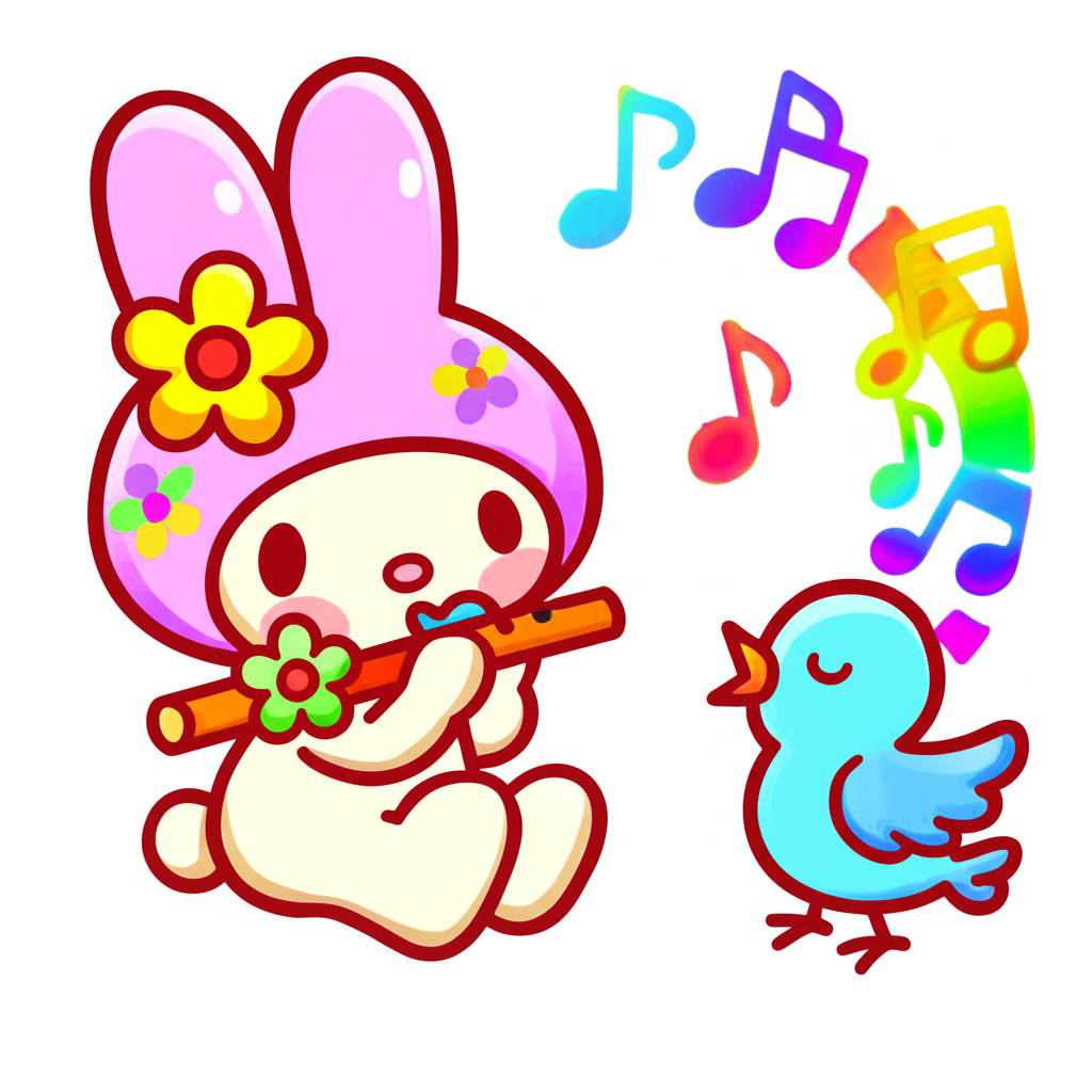 My Melody Flute and Bird Coloring Page - Colored Preview