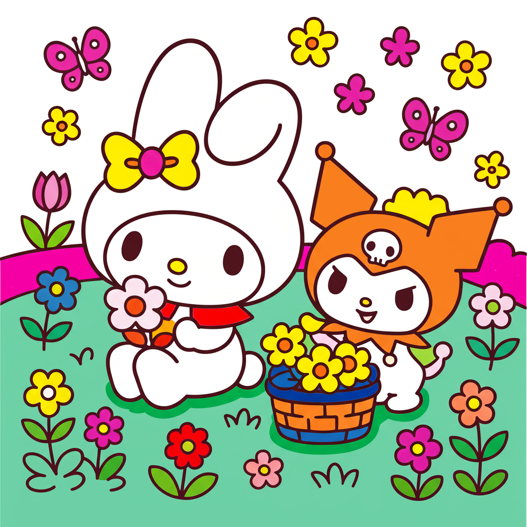 My Melody and Kuromi Spring Garden Coloring Page - Colored Preview