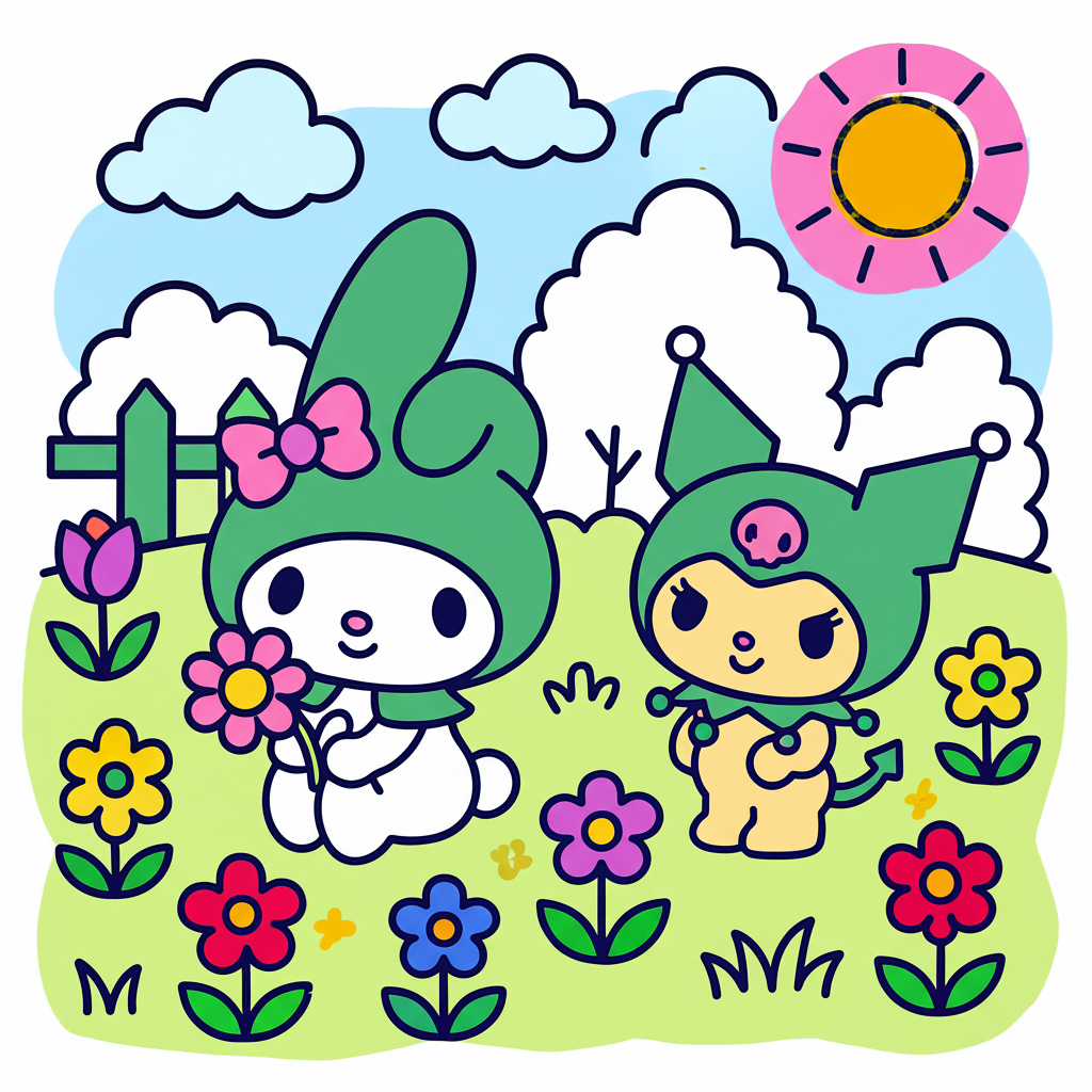 My Melody and Kuromi Sunny Garden Coloring Page - Colored Preview