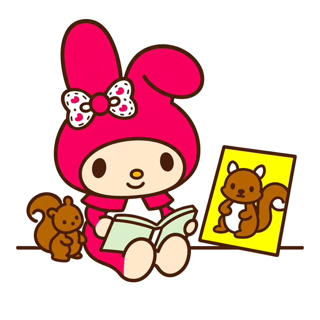 My Melody Reading with Squirrel Friend Coloring Page - Colored Preview
