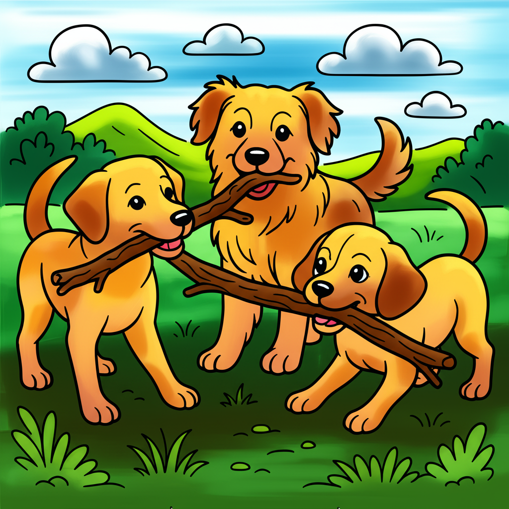 Playful Pups Stick Adventure Coloring Page - Colored Preview