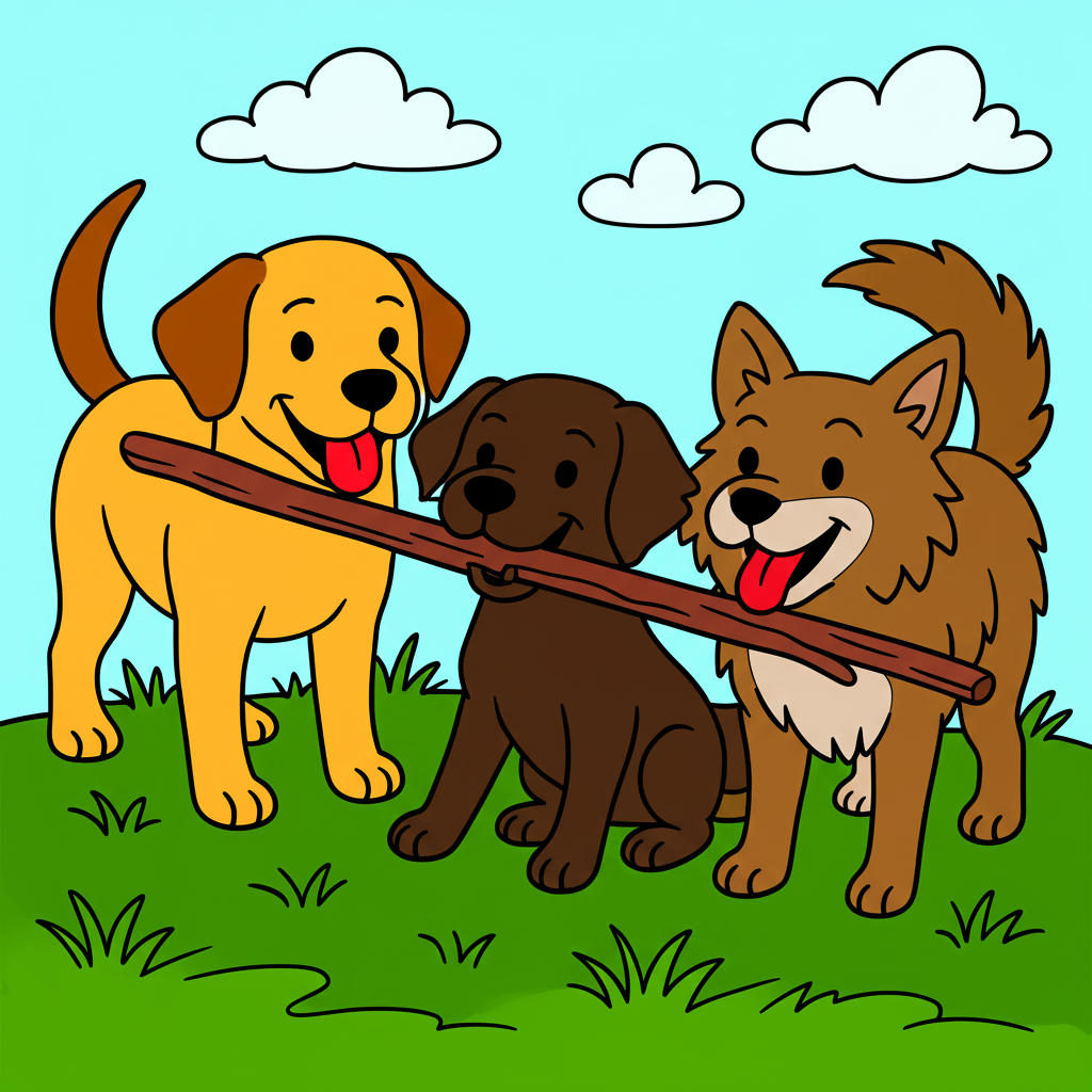 Playful Pups Teamwork Coloring Page - Colored Preview