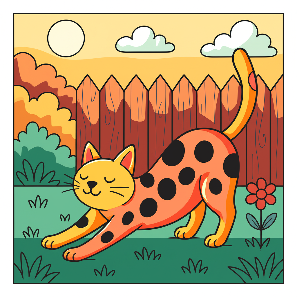 Playful Spotted Cat Stretching Coloring Page - Colored Preview