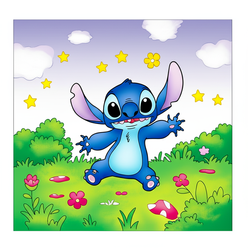 Playful Stitch Outdoor Fun Coloring Page - Colored Preview