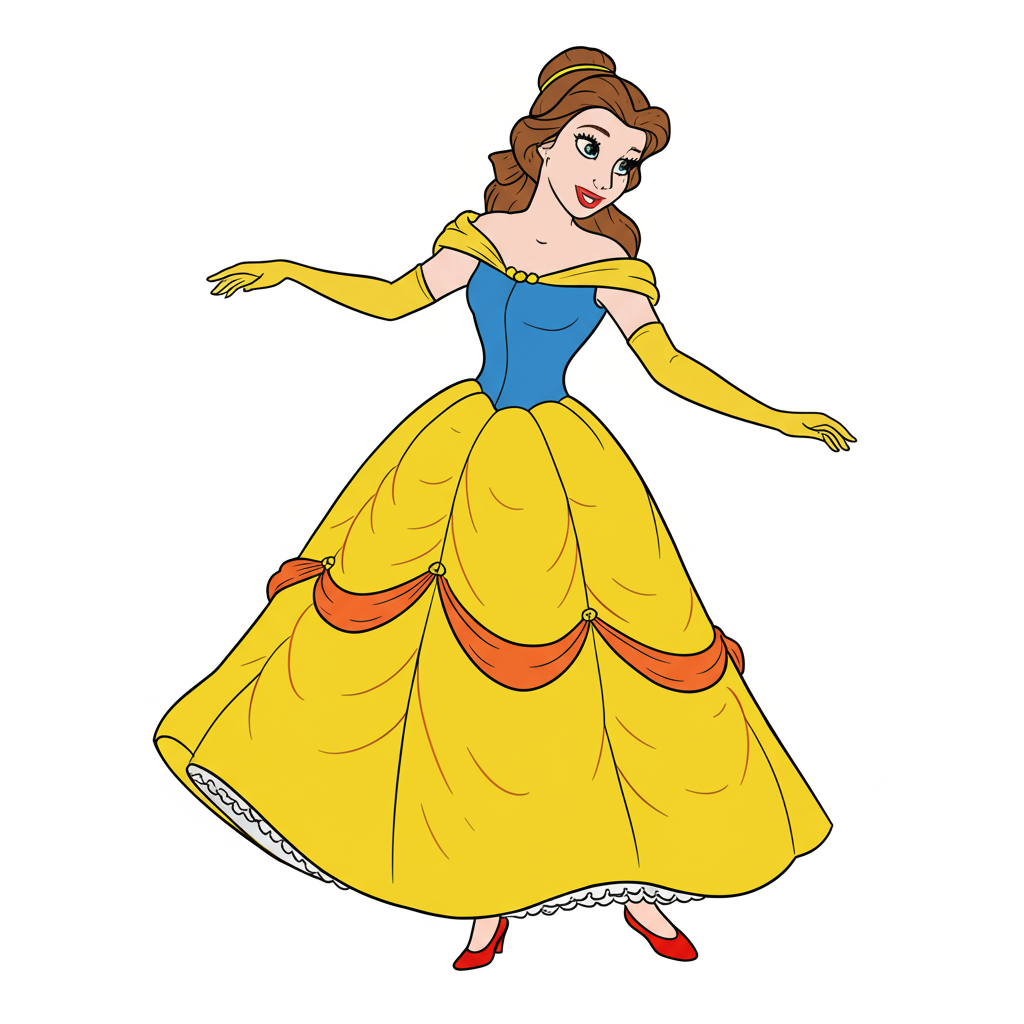 Elegant Princess Belle Ball Gown Coloring Page - Colored Preview