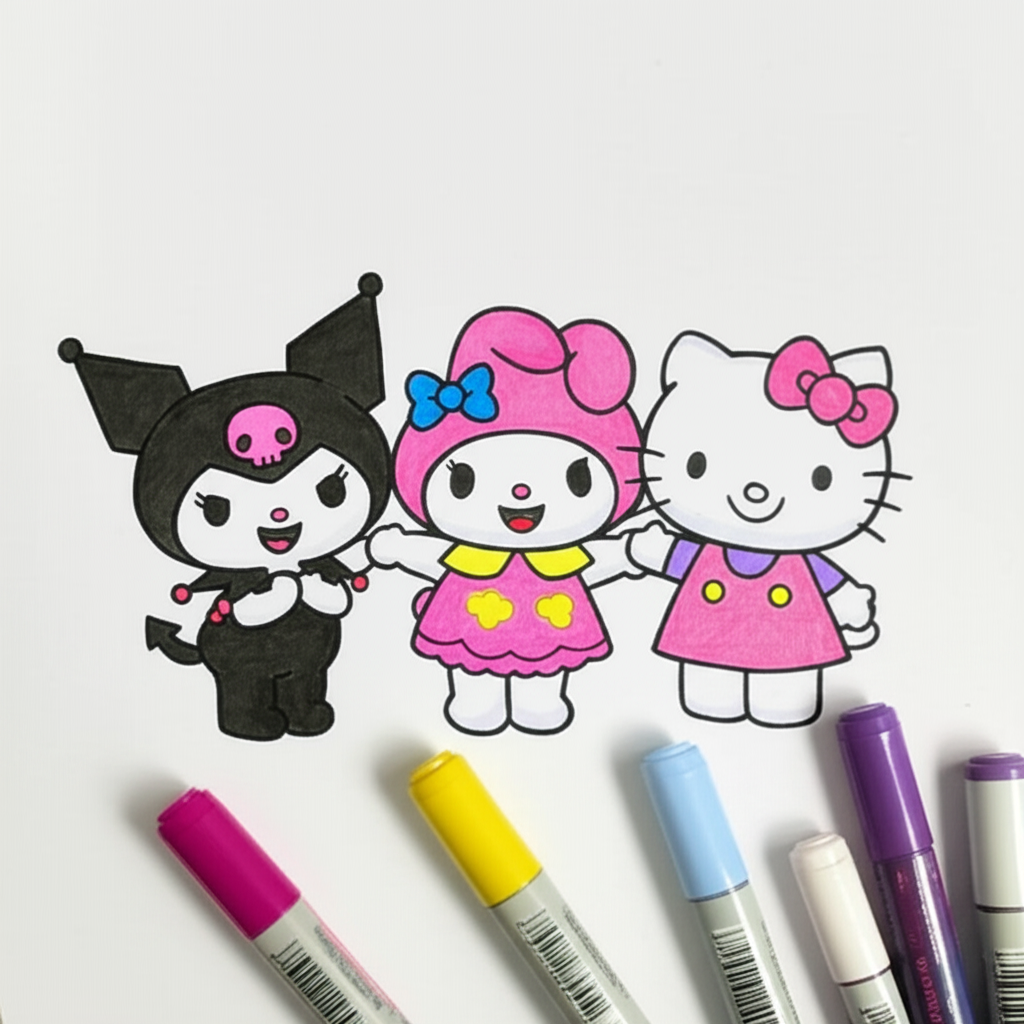 Sanrio Friends Unite - Hello Kitty, My Melody & Kuromi Coloring Page - Colored Preview