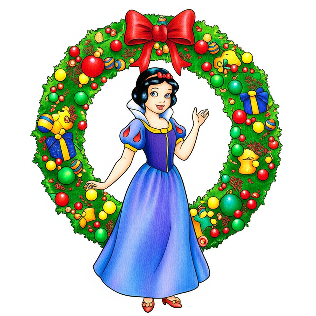 Snow White Christmas Wreath Coloring Page - Colored Preview