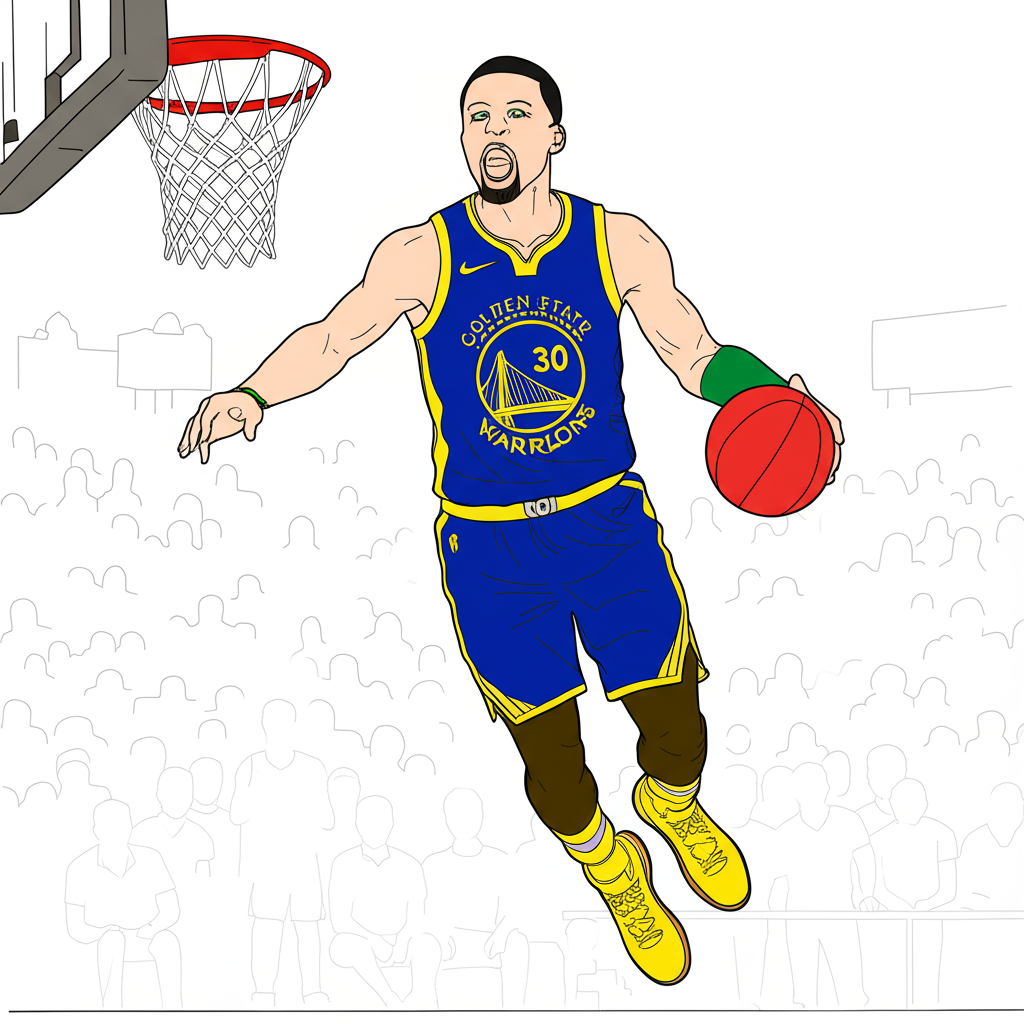 Stephen Curry Mid-Air Action Coloring Page - Colored Preview
