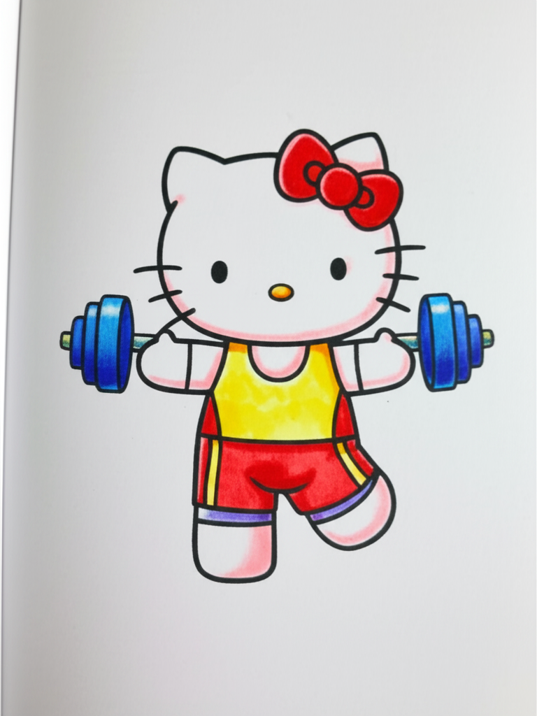 Strong Hello Kitty Weightlifting Coloring Page - Colored Preview