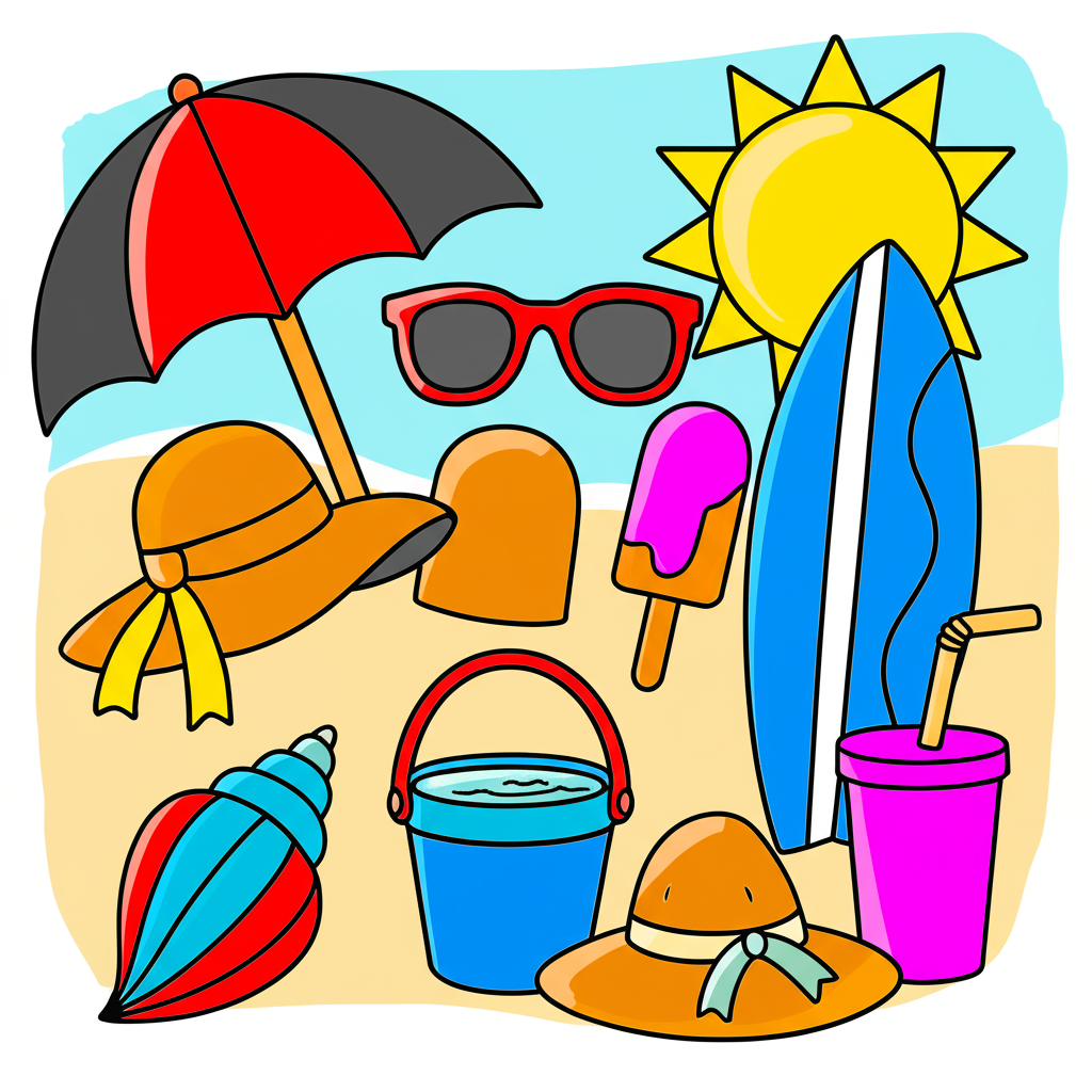 Summer Beach Essentials Coloring Page - Colored Preview