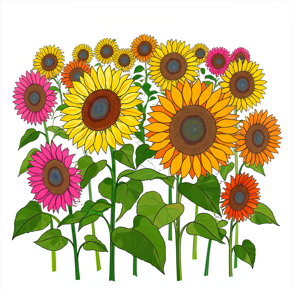 Sunny Sunflower Field Coloring Page - Colored Preview