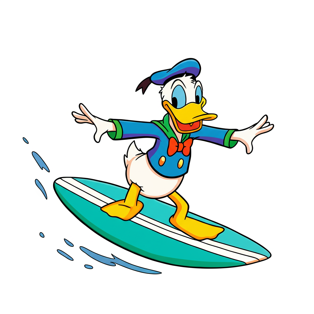 Surfing Donald Duck Coloring Page - Colored Preview