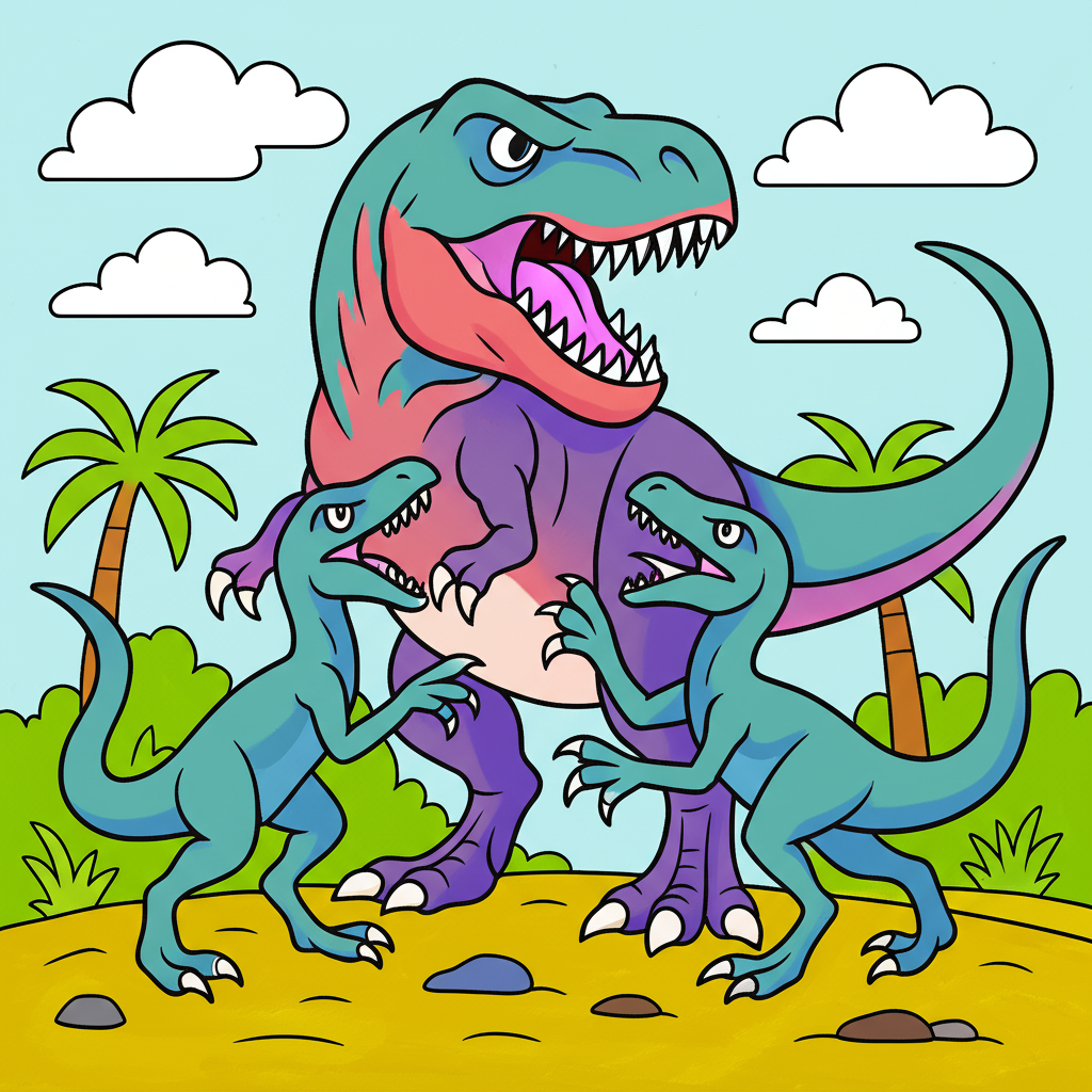 T-Rex and Raptors Coloring Page - Colored Preview
