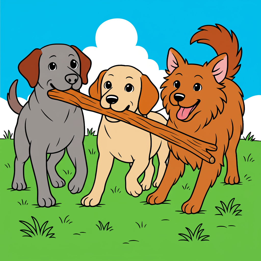 Three Happy Dogs Stick Fun Coloring Page - Colored Preview