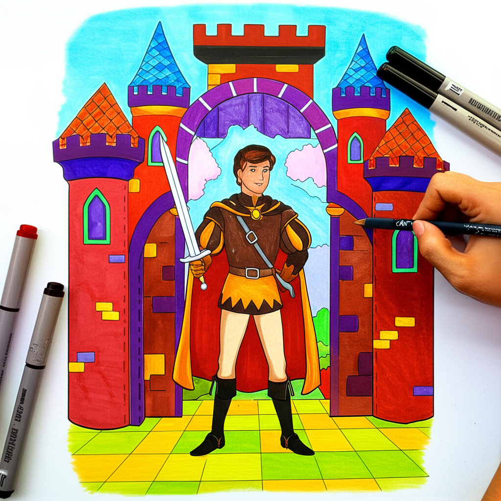 Valiant Prince at Castle Gates Coloring Page - Colored Preview
