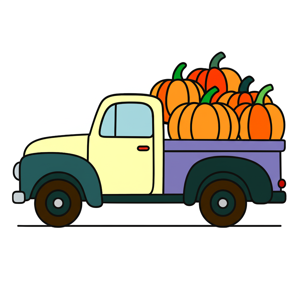 Vintage Pumpkin Patch Truck Coloring Page - Colored Preview
