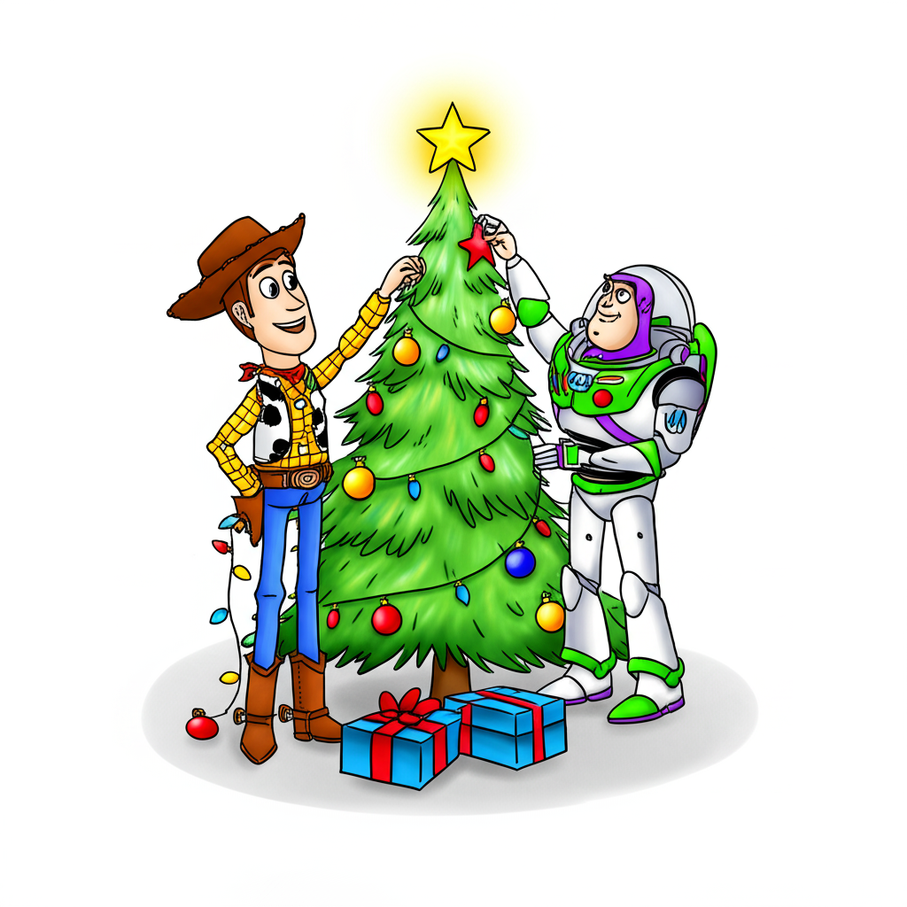 Woody & Buzz Christmas Tree Decorating Coloring Page - Colored Preview