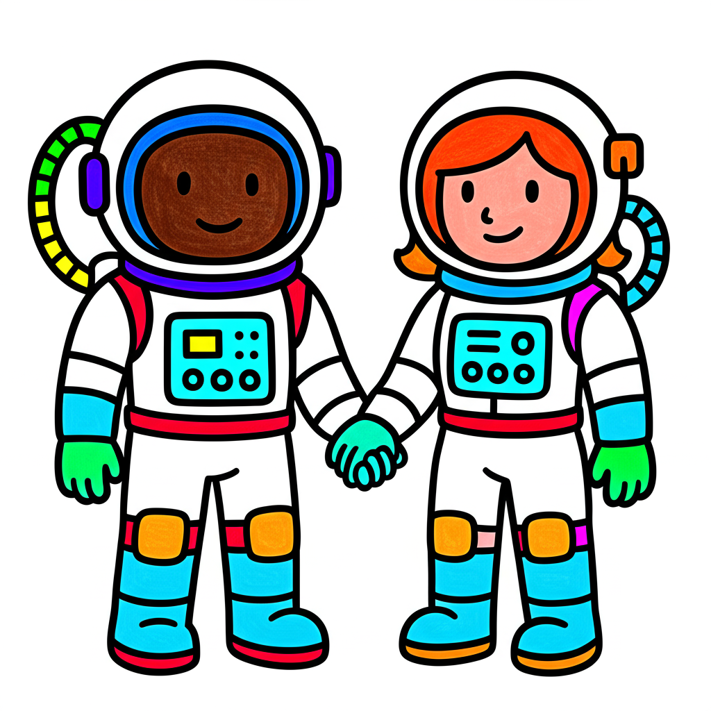Astronaut Friends Space Adventure Coloring Page - Colored Preview
