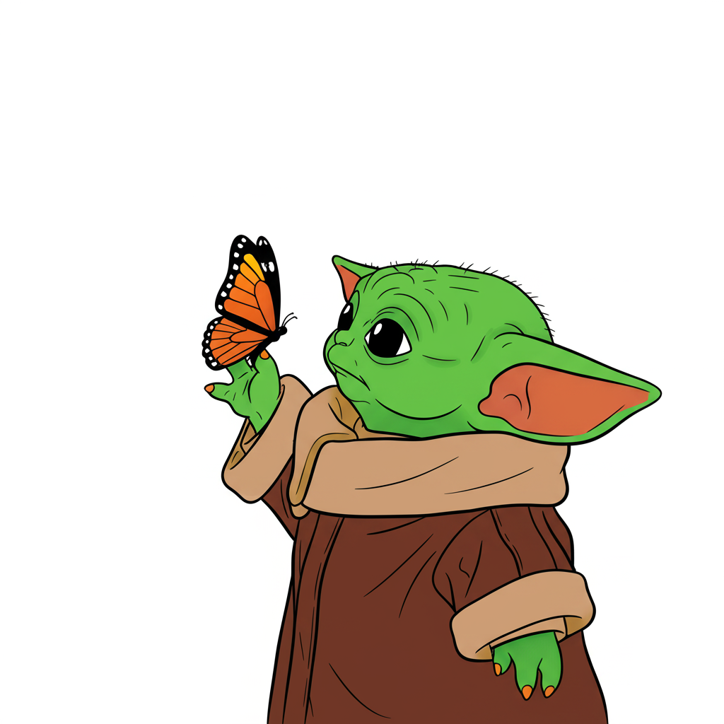Baby Yoda Butterfly Friend Coloring Page - Colored Preview