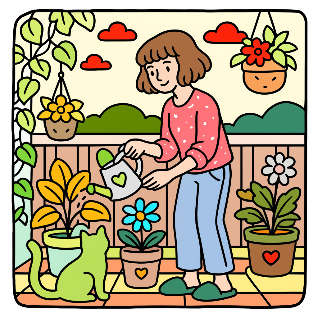 Balcony Garden Bliss with Cat Coloring Page - Colored Preview