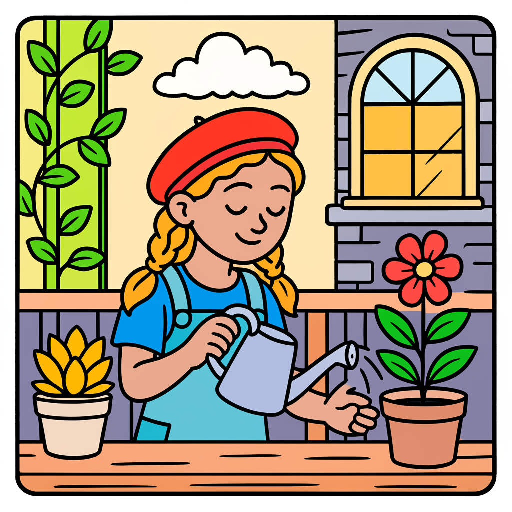 Balcony Gardener Girl Waters Flower Coloring Page - Colored Preview